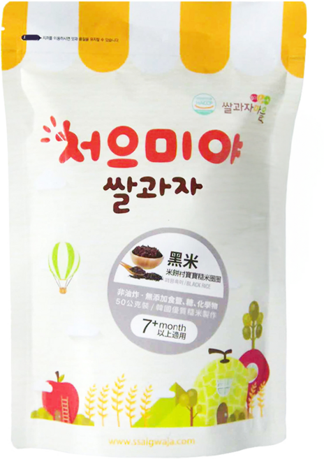 Ssalgwaja 米餅村 寶寶糙米圈圈, 黑米, 50g, 1包