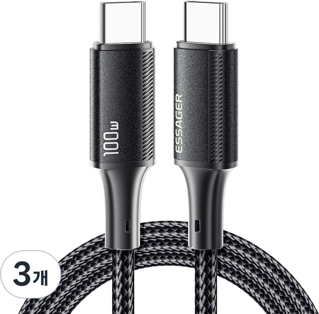 ESSAGER Type-C to Type-C PD 100W 超高速充電線 ES-X45, 深灰色, 3個, 1m