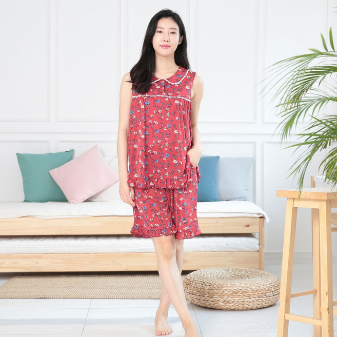 AONE FASHION 女性涼感荷葉邊無袖睡衣 上衣 + 下身 套裝