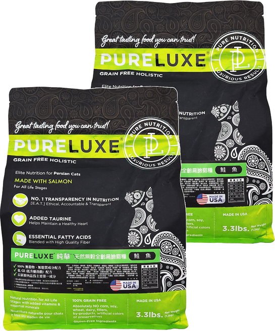 PURELUXE 純華 天然無穀 全齡扁臉貓 乾飼料, 鮭魚 + 豌豆, 1500g, 2袋