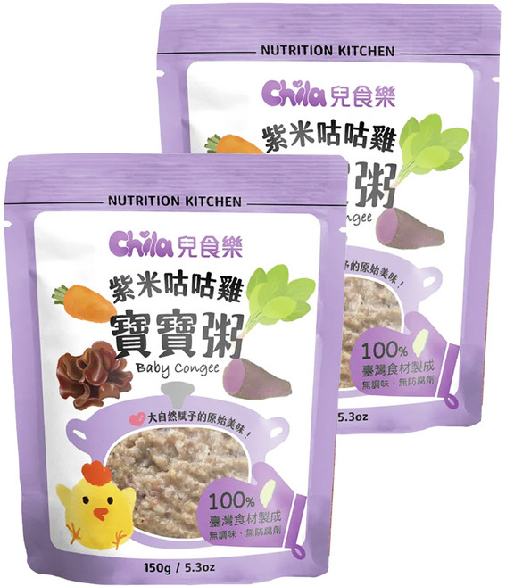 Chila 兒食樂 寶寶常溫粥 紫米咕咕雞, 2包, 150g