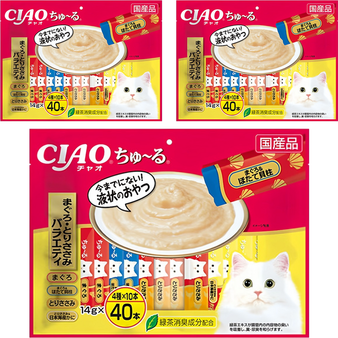 INABA CIAO 啾嚕 肉泥, 鮪魚、鮪魚 + 干貝、雞肉、雞肉 + 日本蟹, 560g, 3袋