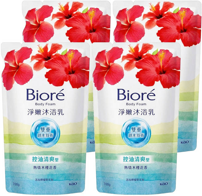 Biore 蜜妮 淨嫩沐浴乳 補充包 熱情木槿花香, 700g, 4包