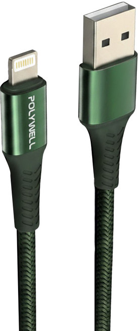POLYWELL 寶利威爾 USB-A-Lightning 公對公 編織充電線 PW15-W45-A280, 綠色, 1條
