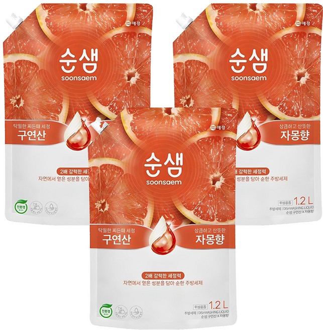Soonsaem 檸檬酸蔬果碗盤洗潔劑補充包 葡萄柚香, 1.2L, 3包