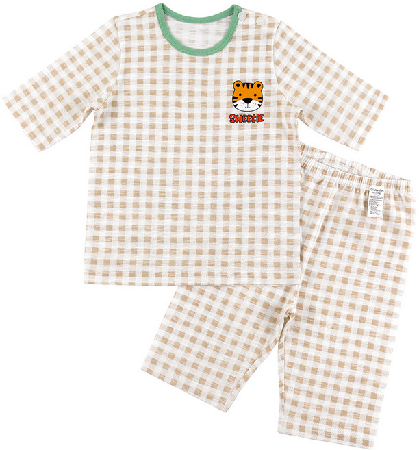 Maykids 男童格紋老虎七分竹節棉家居服上下套裝