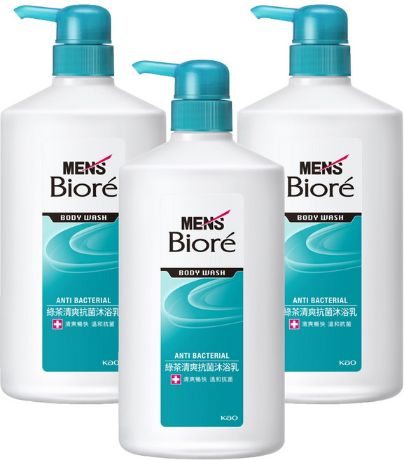 MEN's Biore 台灣公司貨 男性專用 綠茶清爽抗菌沐浴乳, 750ml, 3瓶