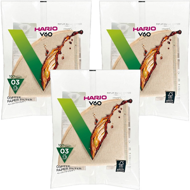 HARIO 好璃奧 V60無漂白03濾紙 VCF-03-100M 1~6杯, 100張, 3包