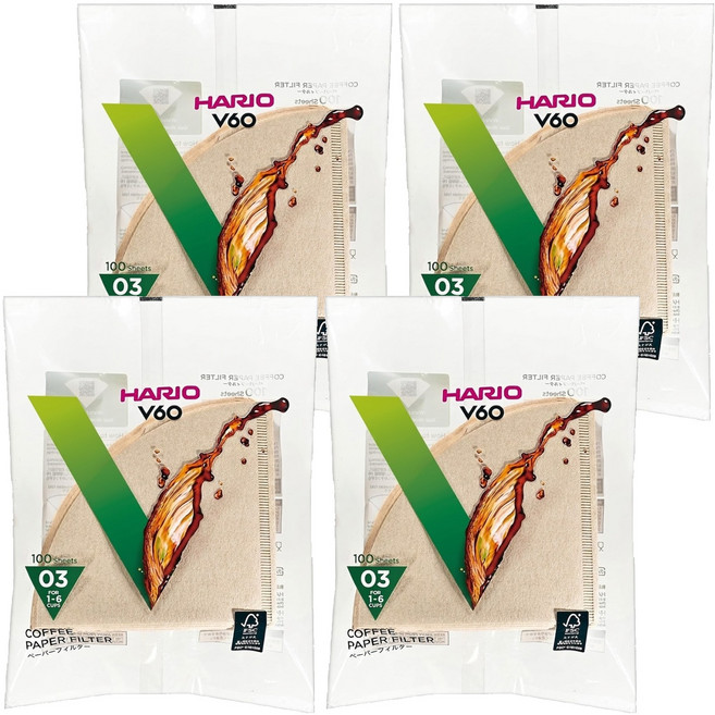 HARIO 好璃奧 V60無漂白03濾紙 VCF-03-100M 1~6杯, 100張, 4包