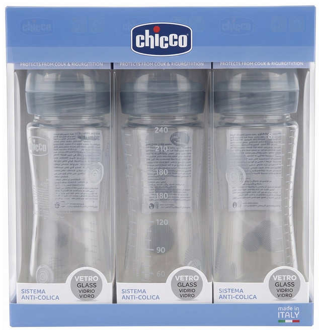 chicco 防脹氣玻璃奶瓶 大, 自然率性, 240ml, 3個