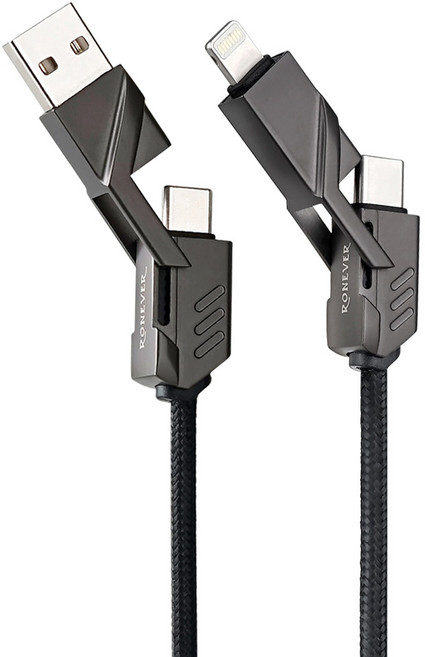RONEVER Type-C + USB-A-Type-C + Lightning 四合一鋅合金編織充電線 VPC187, 1.5m, 黑色, 1條