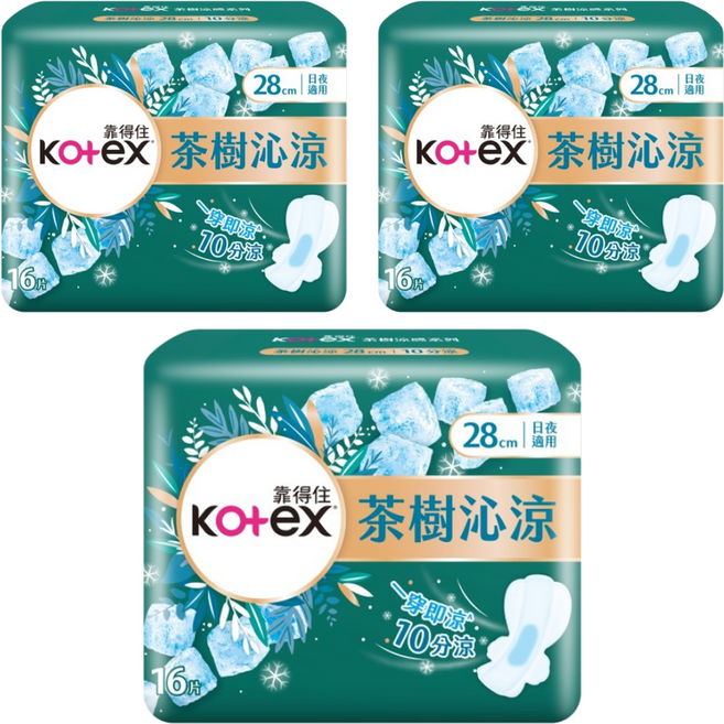 Kotex 靠得住 茶樹沁涼棉 涼感衛生棉, 28cm, 16片, 3包