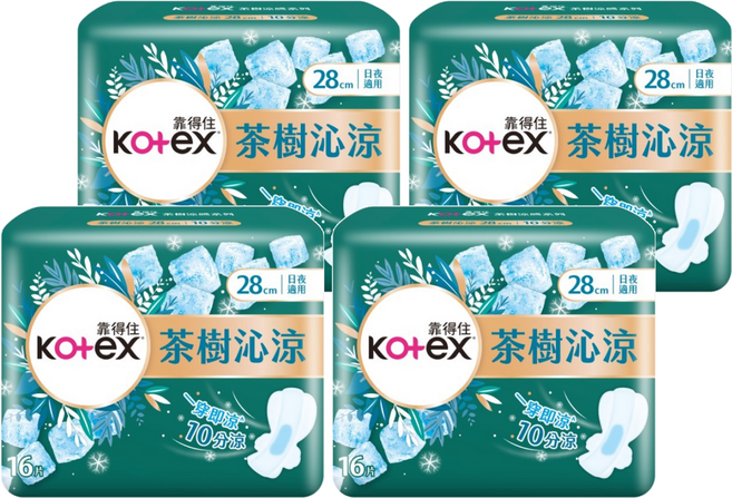 Kotex 靠得住 茶樹沁涼棉 涼感衛生棉, 28cm, 16片, 4包