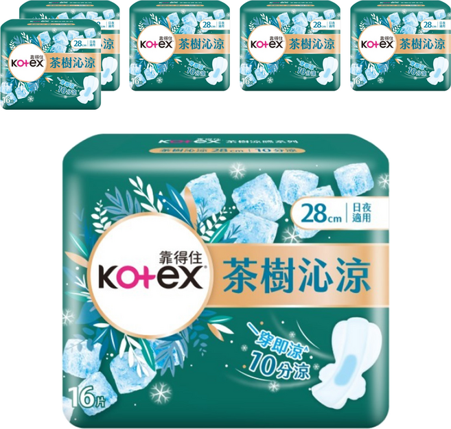 Kotex 靠得住 茶樹沁涼棉 涼感衛生棉, 28cm, 16片, 6包
