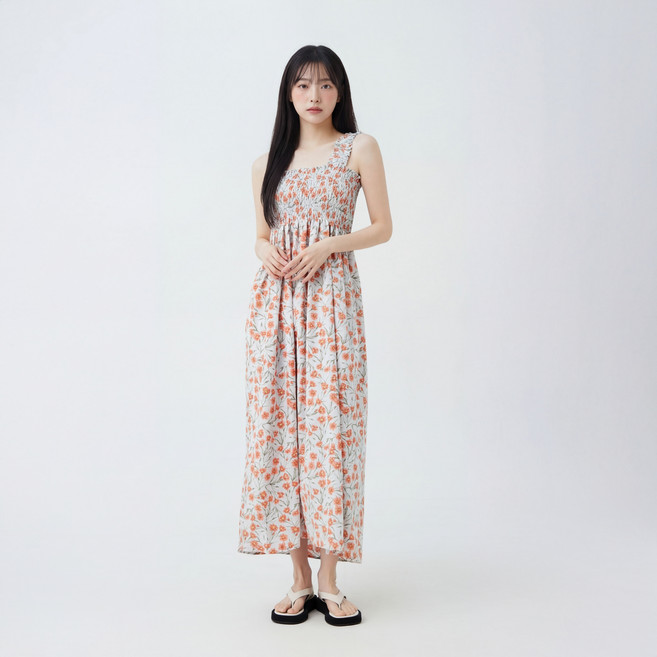 LAP 抽褶花卉吊帶長洋裝 AS2WOM41