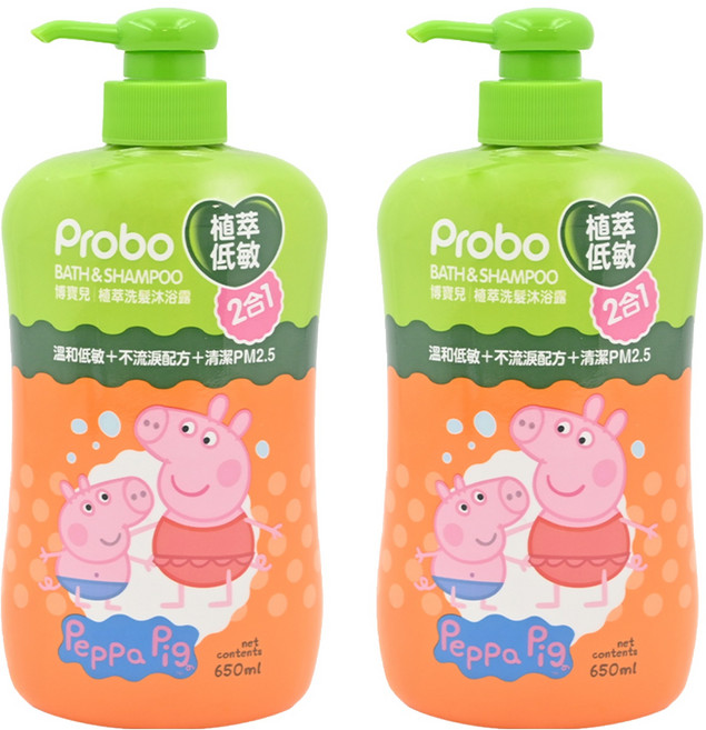 Probo 博寶兒 植萃洗髮沐浴露 佩佩豬, 650ml, 2瓶
