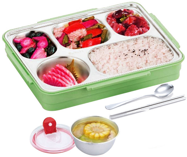 Delicious 咪兔 五格餐盒 附筷匙湯碗 餐盒27 x 21 x 7cm + 匙 16.5 x 3.5cm + 筷17 x 1.3cm + 碗 800g, 綠色, 1組