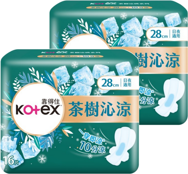 Kotex 靠得住 茶樹沁涼棉 涼感衛生棉, 28cm, 16片, 2包