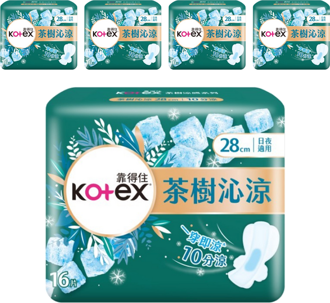 Kotex 靠得住 茶樹沁涼棉 涼感衛生棉, 28cm, 16片, 5包