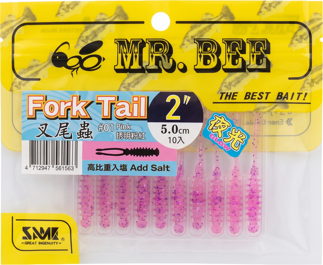 MR.BEE 蜜蜂先生 叉尾蟲軟蟲 5cm, 透明粉紅, 20g, 1包