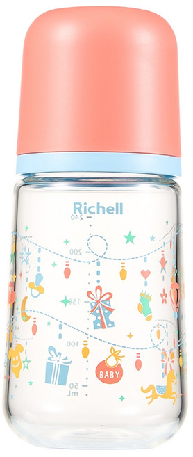 Richell 利其爾 HE 玻璃寬口哺乳奶瓶 3個月以上, 樂繽紛, 240ml, 1個