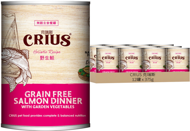 CRIUS 克瑞斯 全齡 無榖主食餐罐 犬用, 野生鮭, 375g, 12罐