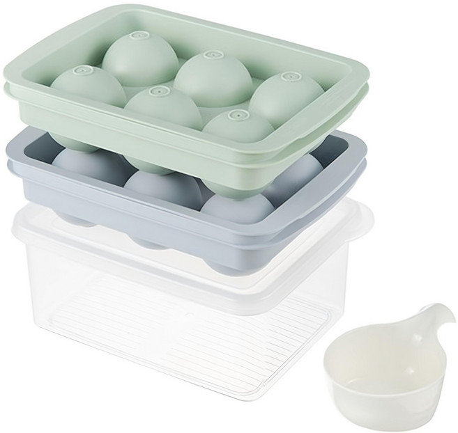 comet Kitchen 6格冰球製冰盒 2個 + 冰塊盒 + 冰鏟, 綠色 + 灰色 + 透明色, 1組