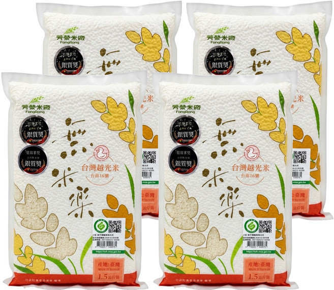 芳榮米廠 無米樂 鴨稻台灣越光米 台南16號, 一等米, 1.5kg, 4包