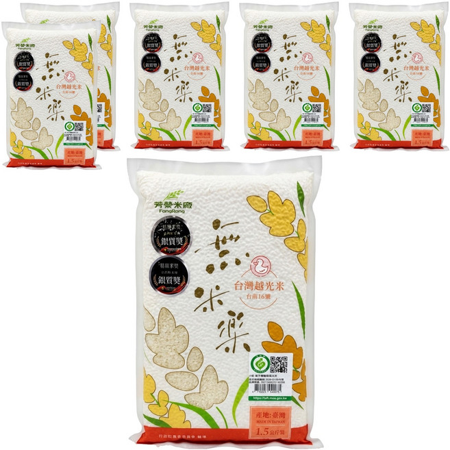 芳榮米廠 無米樂 鴨稻台灣越光米 台南16號, 一等米, 1.5kg, 6包