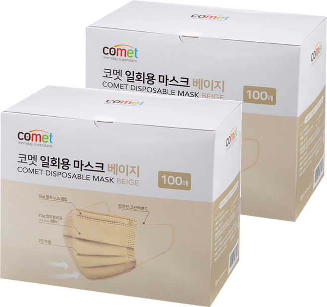 comet 成人平面口罩, 米色, 100片, 2盒
