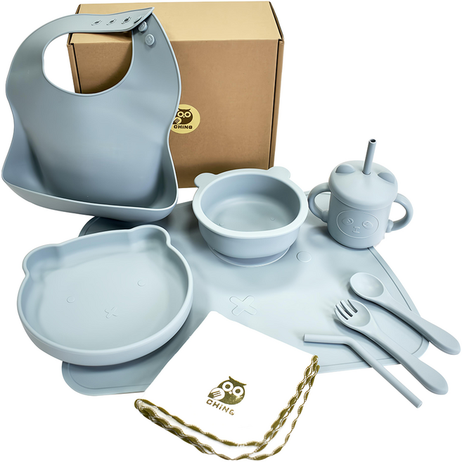 CHING-CHING 親親 兒童無毒矽膠餐具 + 方巾 台灣製 SI-05GR 21 x 19 x 9.5cm 熊熊, 1組, 灰色