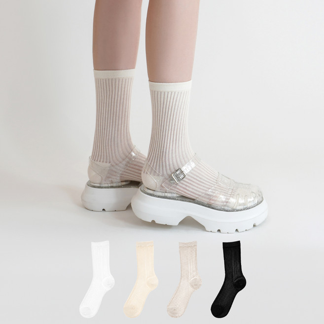Mysock 棉質線條彈力貼合透膚中筒襪 4雙