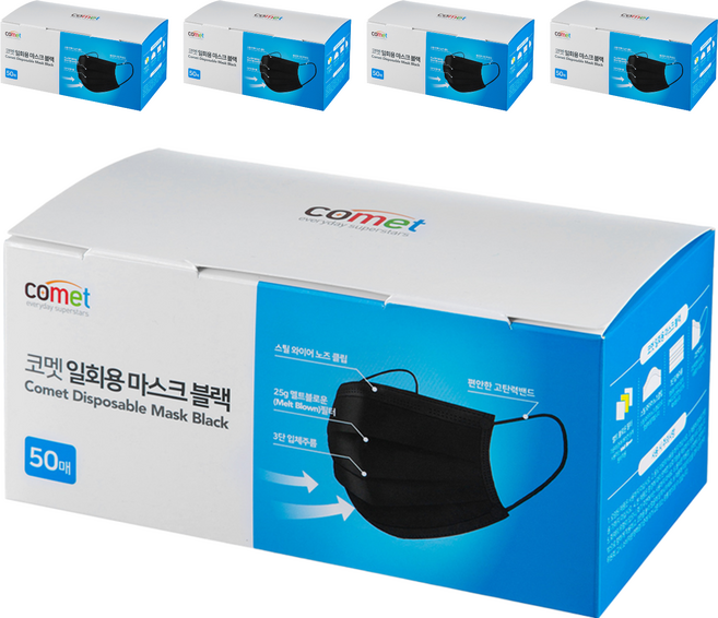 comet 平面口罩 成人用, 黑色, 50片, 5盒