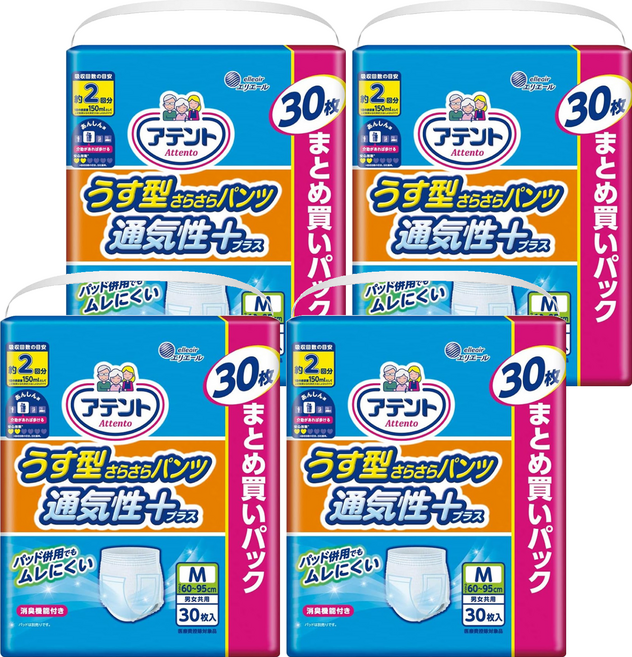 elleair 艾黎艾爾 Attento 愛適多 日本原裝進口 超透氣舒適成人紙尿褲 2回吸收, M (60~95cm), 30片, 4包