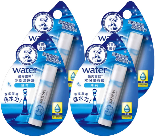 MENTHOLATUM 曼秀雷敦 台灣公司貨 水份潤唇膏, 薄荷, 3.5g, 4支