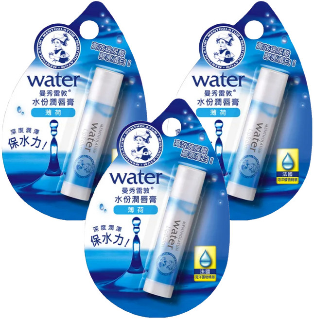 MENTHOLATUM 曼秀雷敦 台灣公司貨 水份潤唇膏, 薄荷, 3.5g, 3支