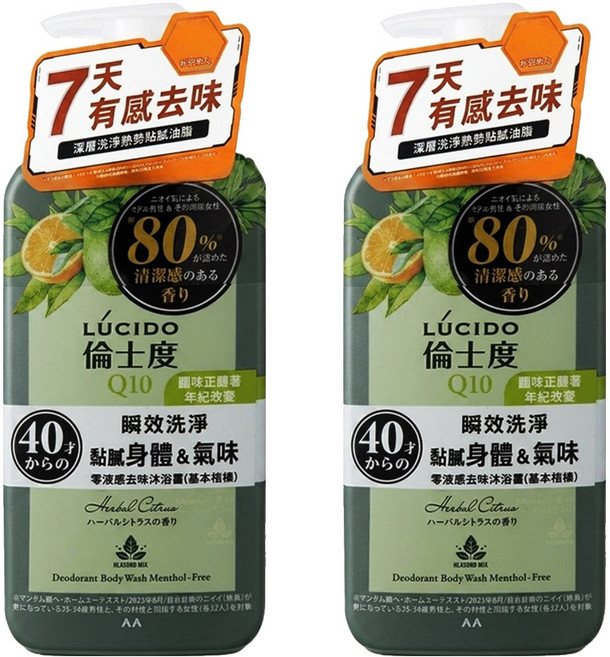 LUCIDO 倫士度 零涼感去味沐浴露 草本柑橘, 450ml, 2瓶