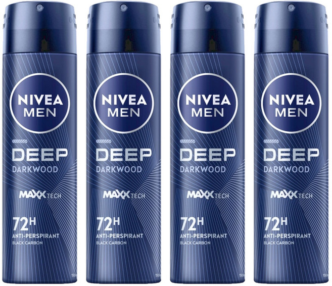 NIVEA 妮維雅 MEN 台灣公司貨 男士止汗爽身噴霧 深極炭系列 清新魅力 噴霧瓶, 150ml, 4瓶