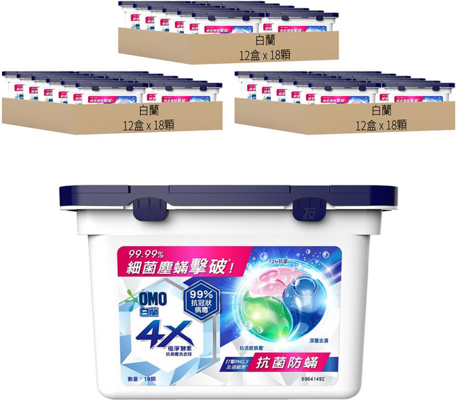 白蘭 4X極淨酵素抗病毒洗衣球 抗菌防螨, 18顆, 36盒