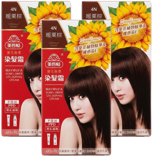 美吾髮 葵花亮澤染髮霜, 4N 暖栗棕色, 3盒