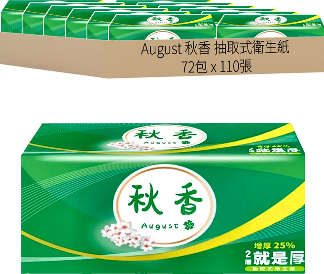 August 秋香 抽取式衛生紙 加厚 110張, 12包, 6袋