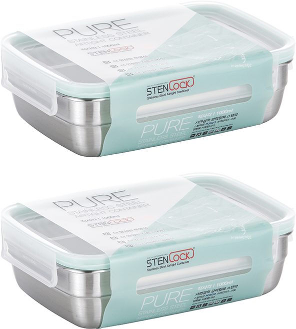 STENLOCK 史丹利 Pure 長方形 不鏽鋼 密封 保鮮盒 1L 6-1號 2組 容器 + 蓋子