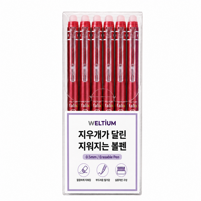 WELLTIUM 附橡皮擦可擦式原子筆 0.5mm 12入組, 紅色, 1套