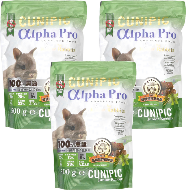CUNIPIC 頂級無穀幼兔飼料, 500g, 3袋