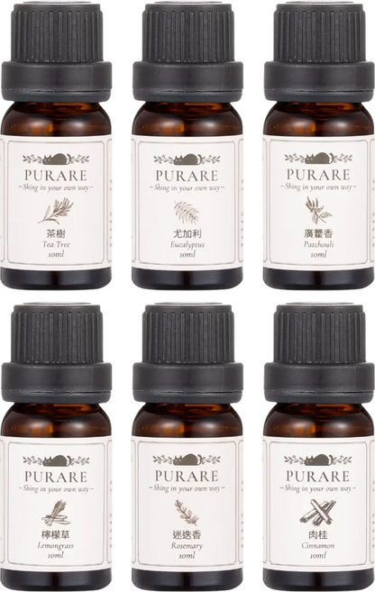 PURARE 天然植物萃取淨化防護精油6件組, 茶樹 + 尤加利 + 廣藿香 + 檸檬草 + 迷迭香 + 肉桂, 1套, 10ml