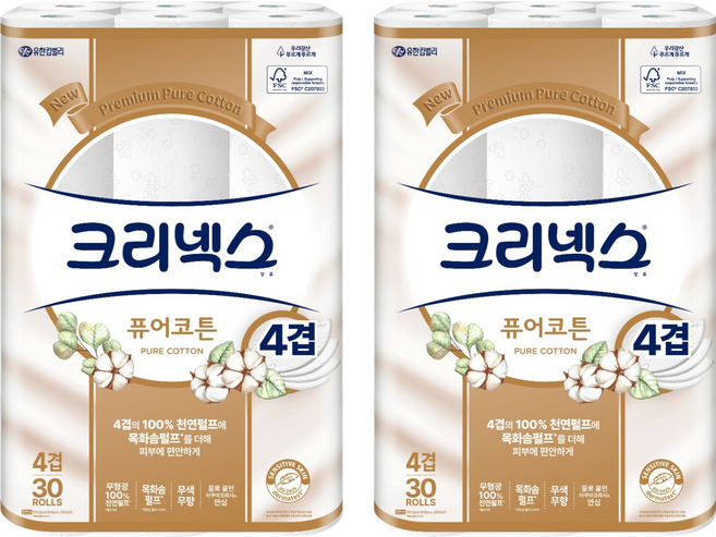 Kleenex 舒潔 純棉天然紙漿4層高級捲筒衛生紙, 25m, 2個, 30入