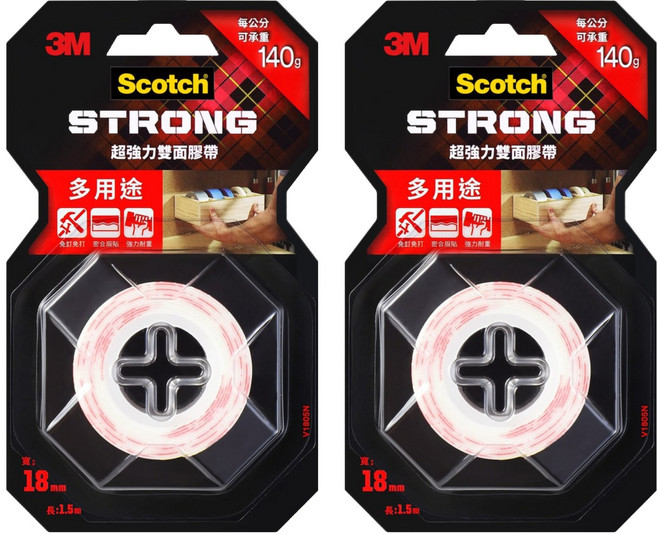 3M Scotch 超強力雙面膠帶 多用途 V1805N 18mm x 1.5m, 紅色, 2捲
