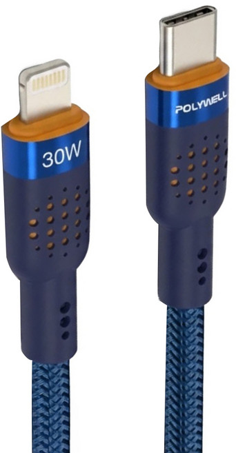 POLYWELL 寶利威爾 Type-C To Lightning 30W PD散熱洞洞快充線 PW15-W45-A400, 1m, 藍色, 1條