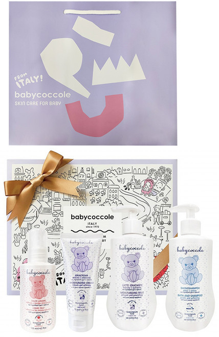 babycoccole 寶貝可可麗 新生彌月極致禮盒 附袋 二合一洗髮沐浴露 250ml + 寶寶液態爽身粉 125ml + 清爽保濕乳液 250ml + 滋潤舒緩護膚霜 75ml, 白色, 1組
