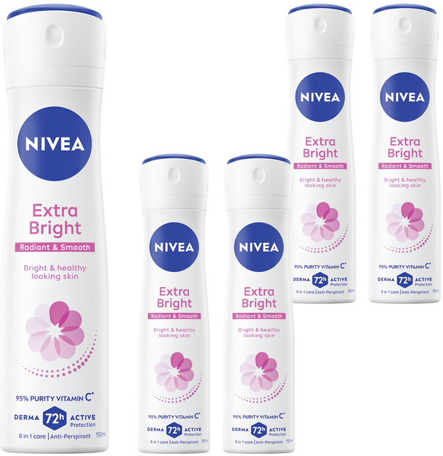 NIVEA 妮維雅 台灣公司貨 止汗爽身噴霧亮白系列 噴霧瓶, 150ml, 5瓶